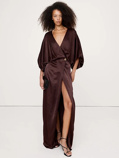 Hammered Satin Wrap Maxi Dress