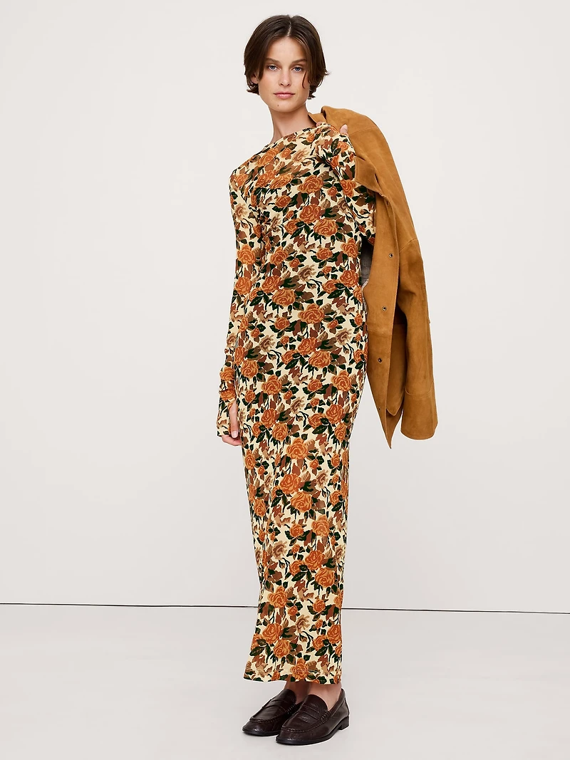 Printed Mesh Maxi Dress