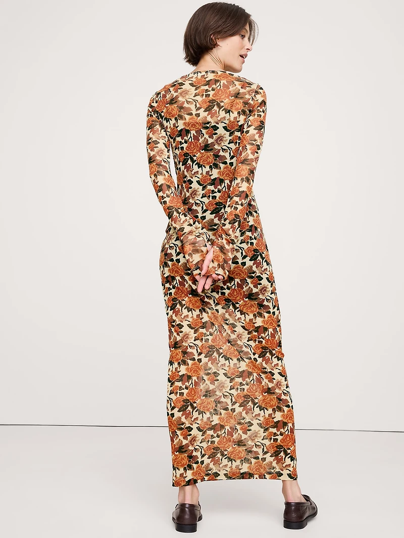 Printed Mesh Maxi Dress