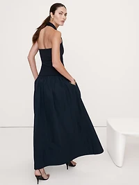 Jersey & Taffeta Halter Maxi Dress