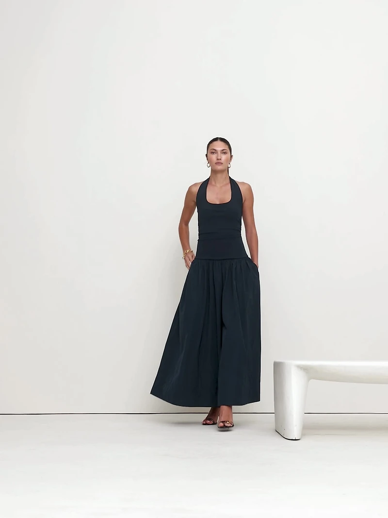 Jersey & Taffeta Halter Maxi Dress