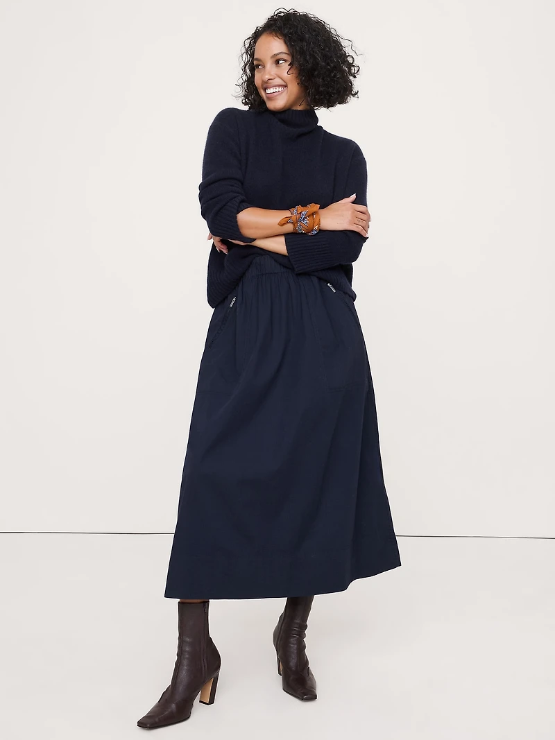 Stretch-Cotton Utility Midi Skirt