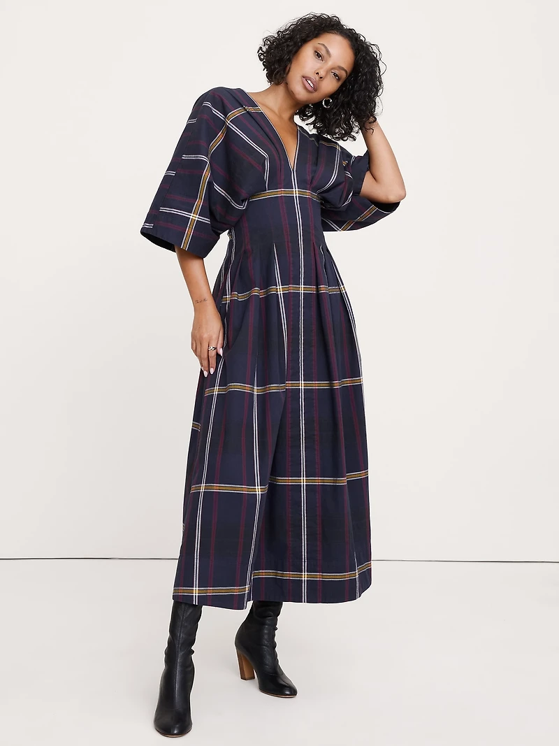 Plaid Pleated Poplin Maxi Dress
