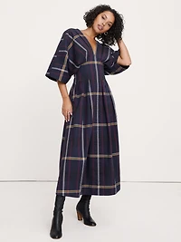 Plaid Pleated Poplin Maxi Dress