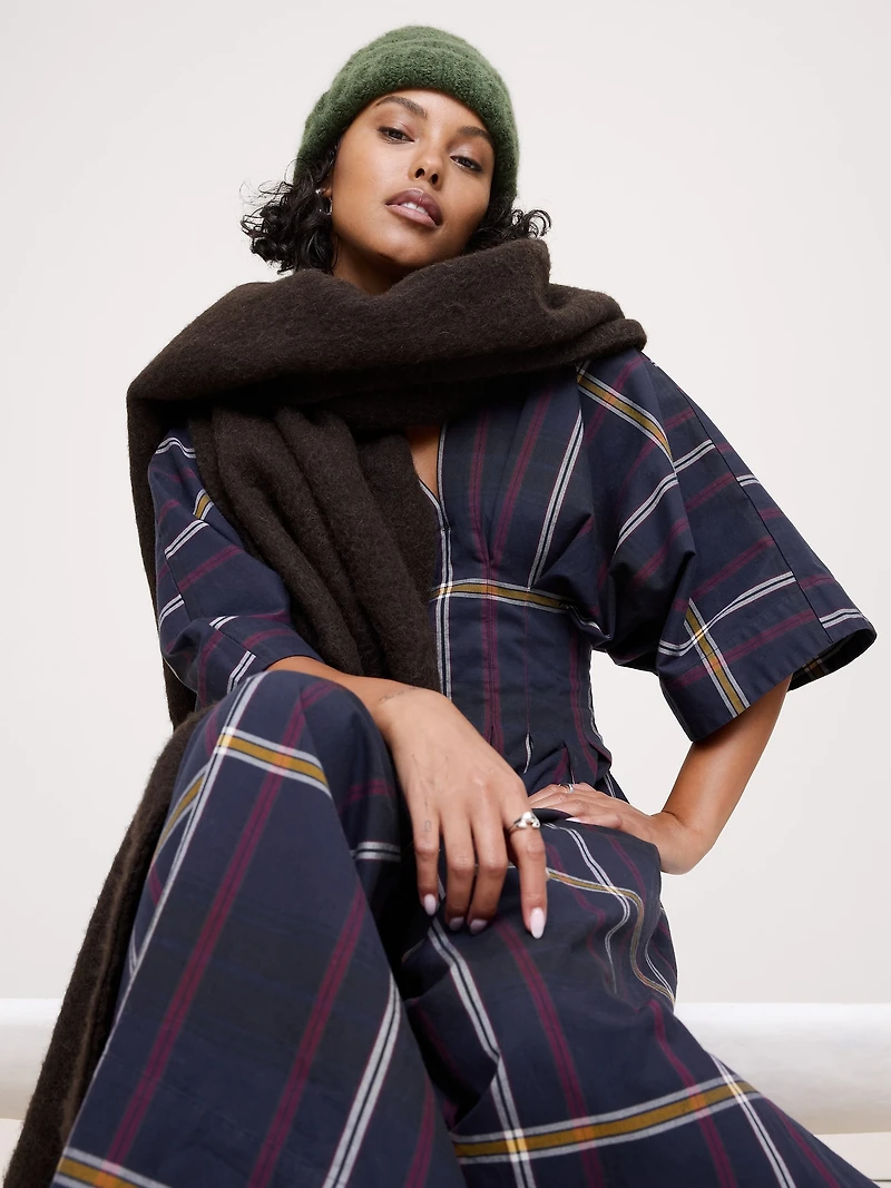 Plaid Pleated Poplin Maxi Dress