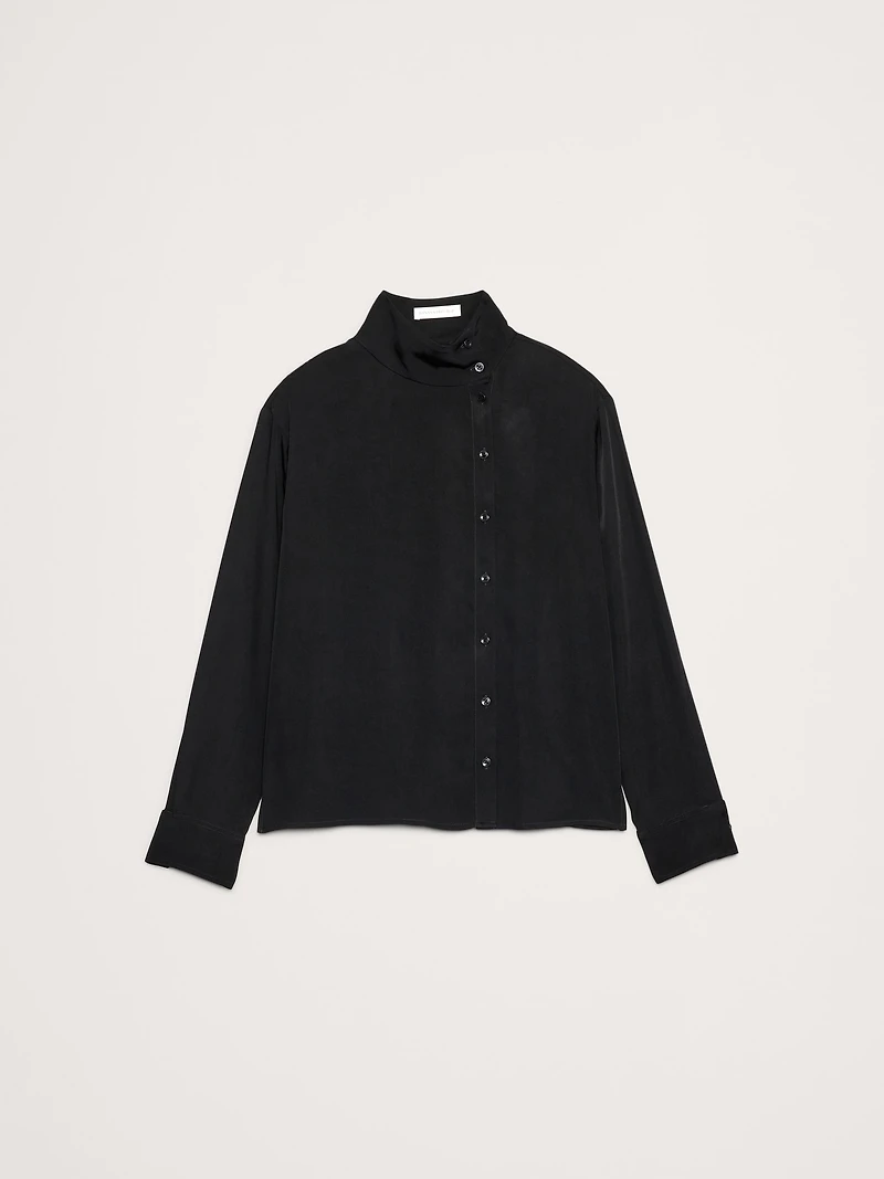 Drapey Twill Asymmetrical Button-Front Blouse