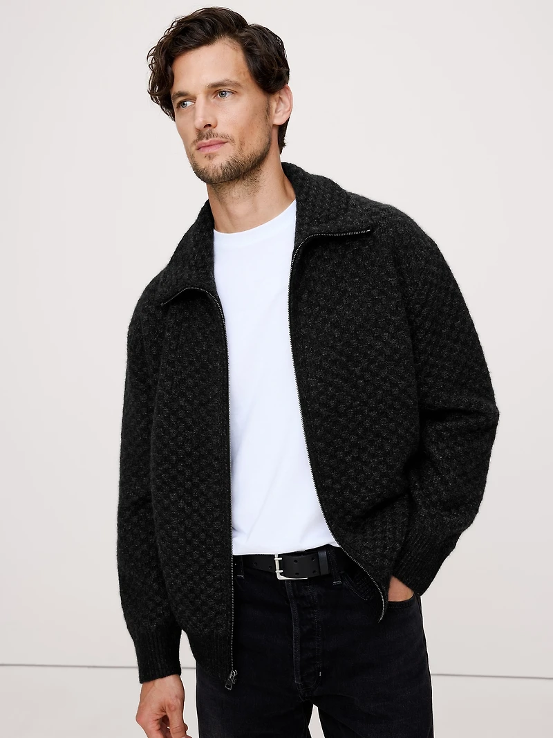 Checkered Alpaca-Wool Blend Sweater Jacket