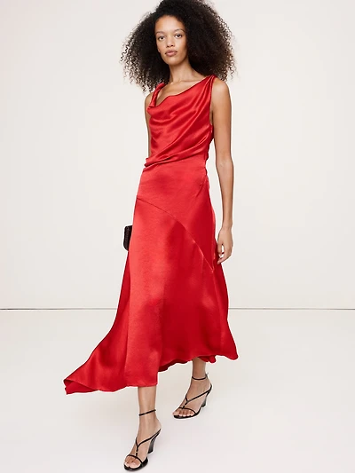 Hammered Satin Twist-Shoulder Dress
