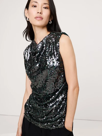 Bias-Cut Draped Sequin Top