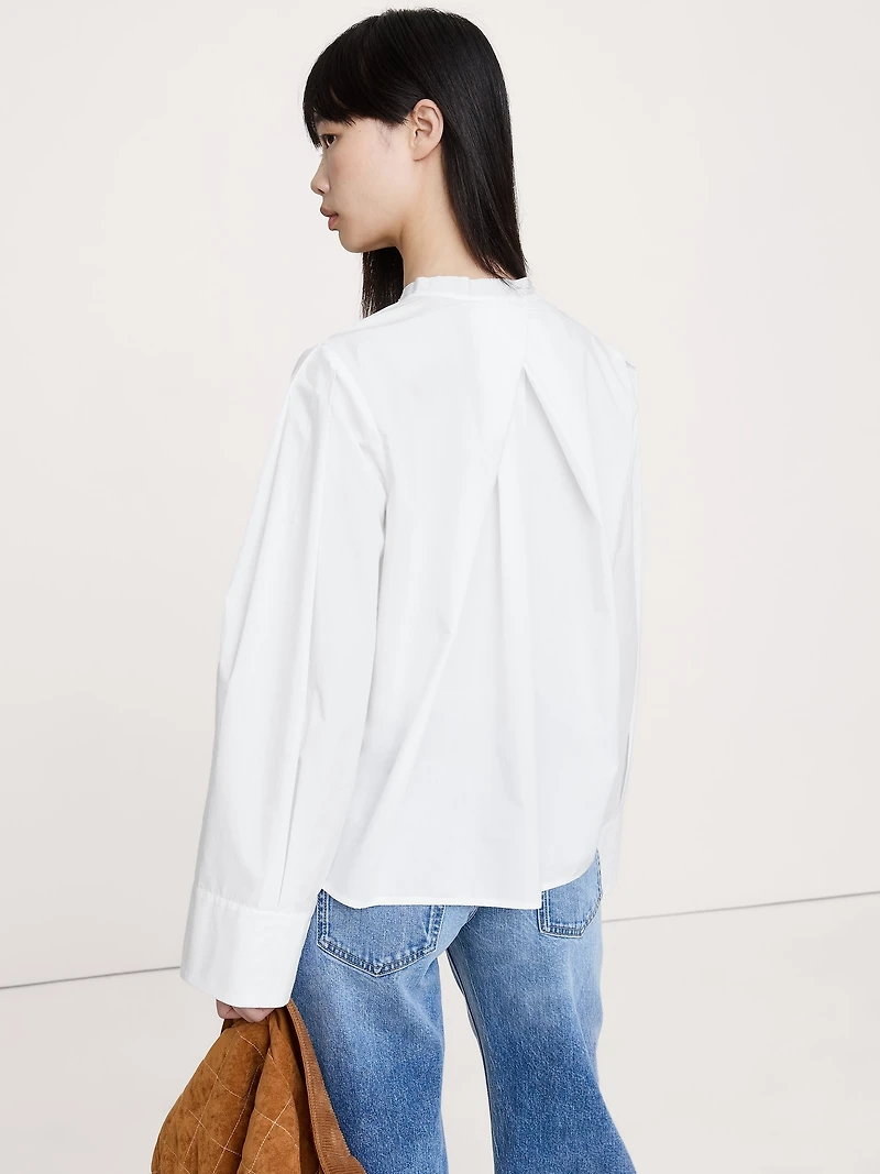 Cotton Poplin Banded-Collar Top