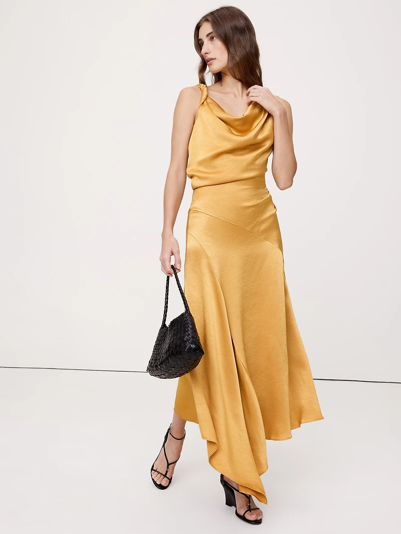 Hammered Satin Twist-Shoulder Dress