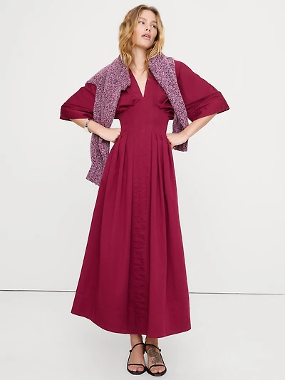 Stretch-Cotton Pleated Maxi Dress