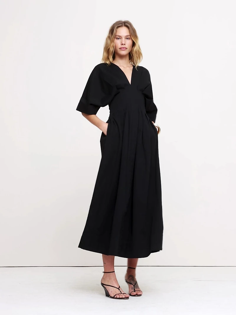 Stretch-Cotton Pleated Maxi Dress