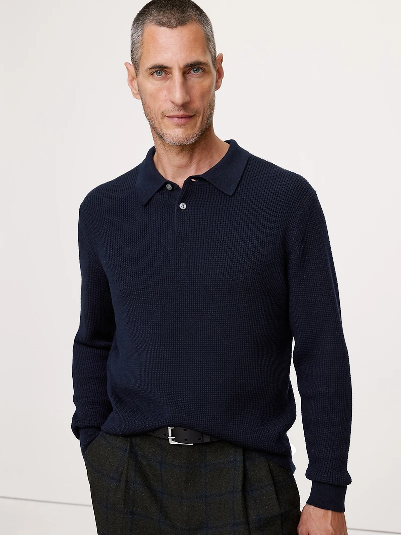 Merino Waffle-Knit Sweater Polo