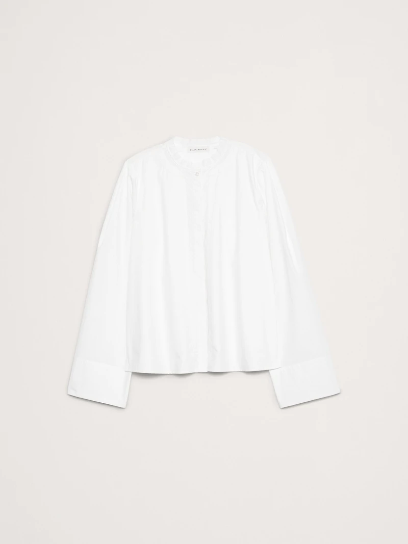 Cotton Poplin Banded-Collar Top