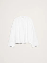 Cotton Poplin Banded-Collar Top