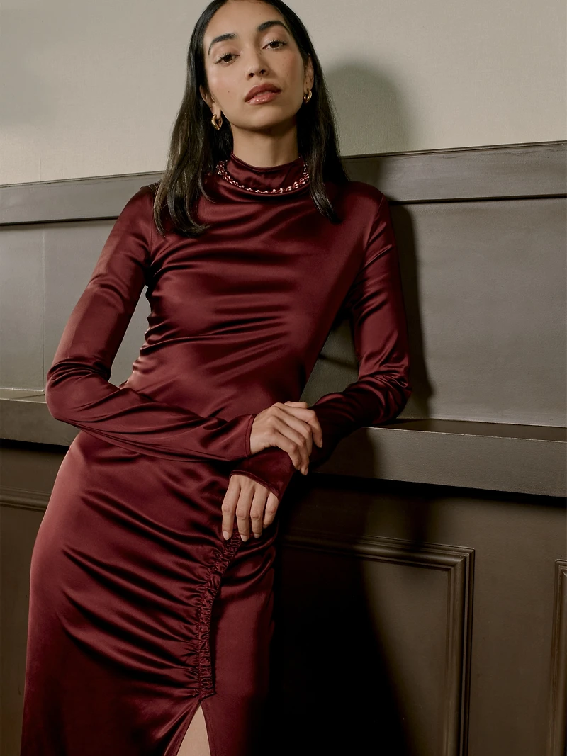 Stretch-Satin Ruched Maxi Dress
