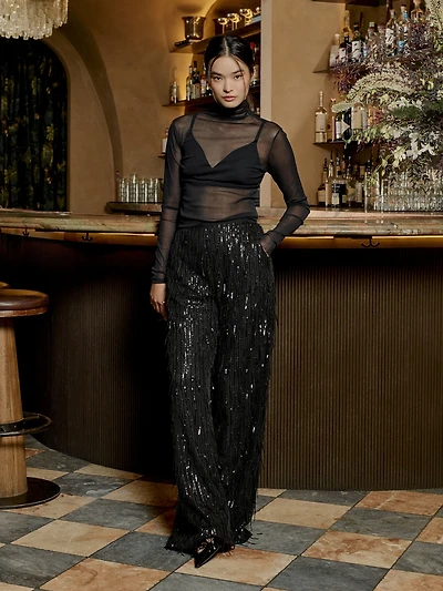 High-Rise Wide-Leg Fringe Sequin Pant