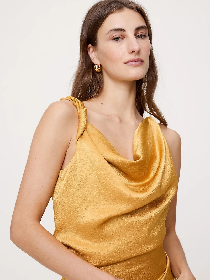 Hammered Satin Twist-Shoulder Dress