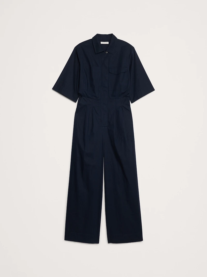 Stretch-Cotton Wide-Leg Utility Jumpsuit