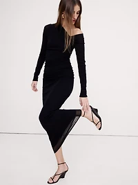 Mesh Asymmetric Ruched Maxi Dress