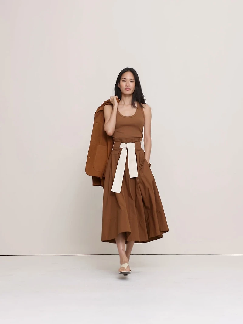 Stretch-Cotton Belted Maxi Skirt