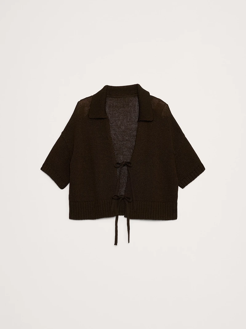 Cotton Tie-Front Polo Cardigan