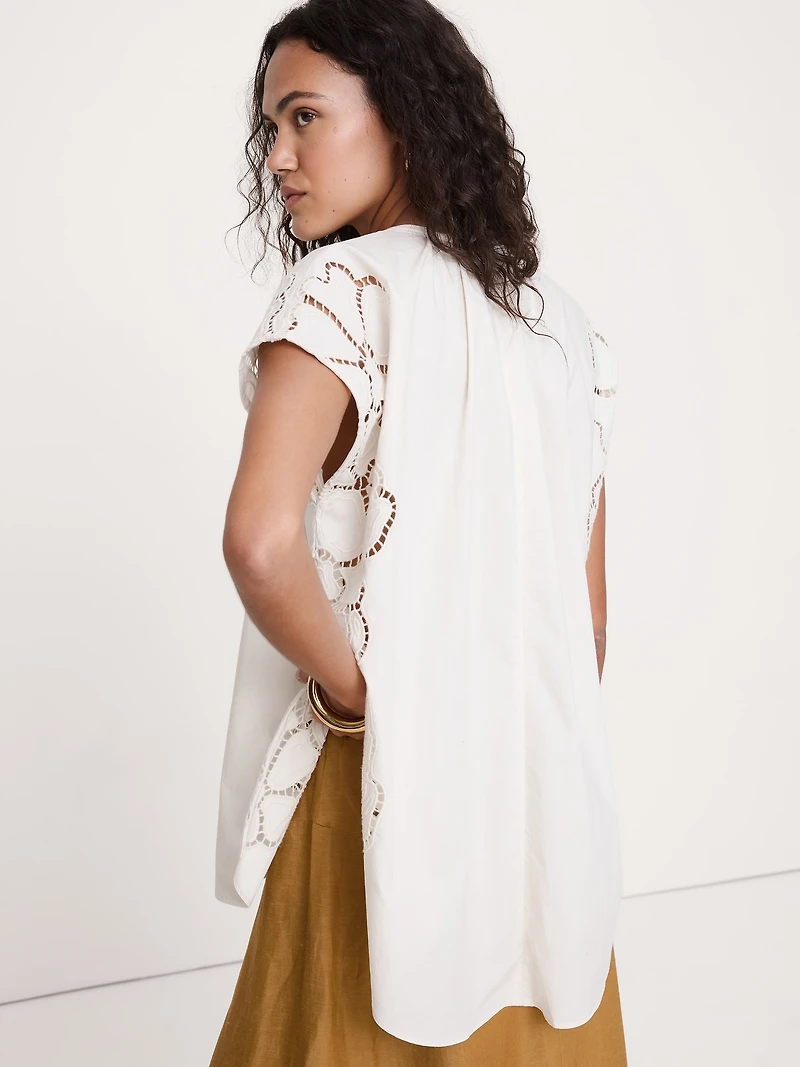 Embroidered Cotton Poplin Split-Neck Tunic