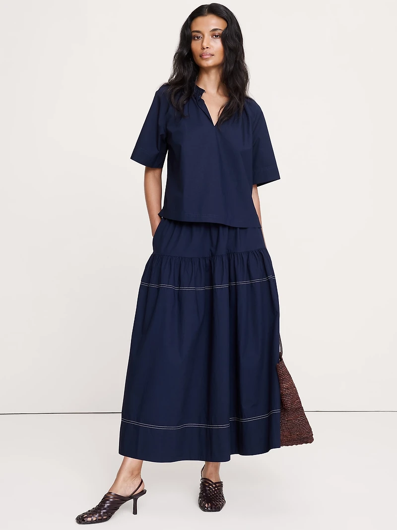 Cotton Poplin Split-Neck Top