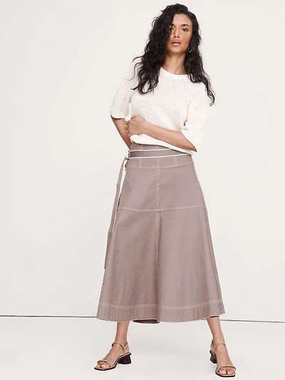 Cotton Canvas Belted Maxi Skirt