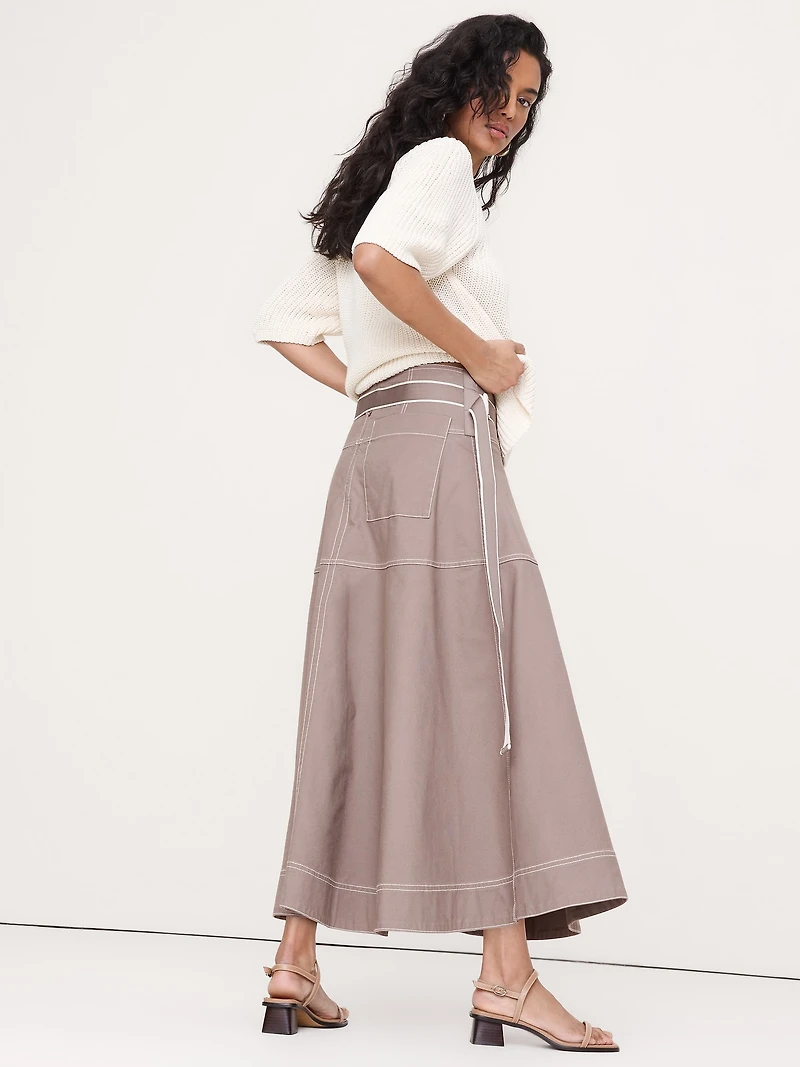 Cotton Canvas Belted Maxi Skirt