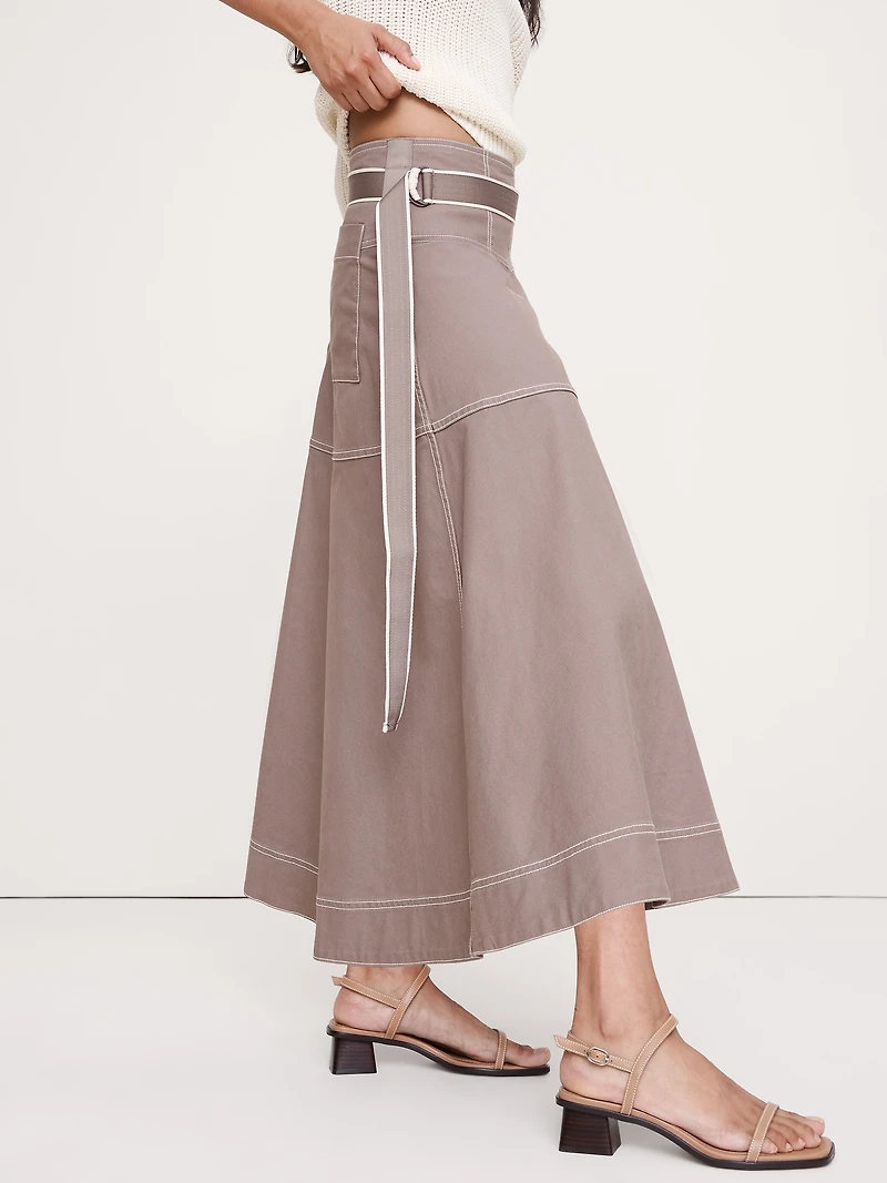 Cotton Canvas Belted Maxi Skirt