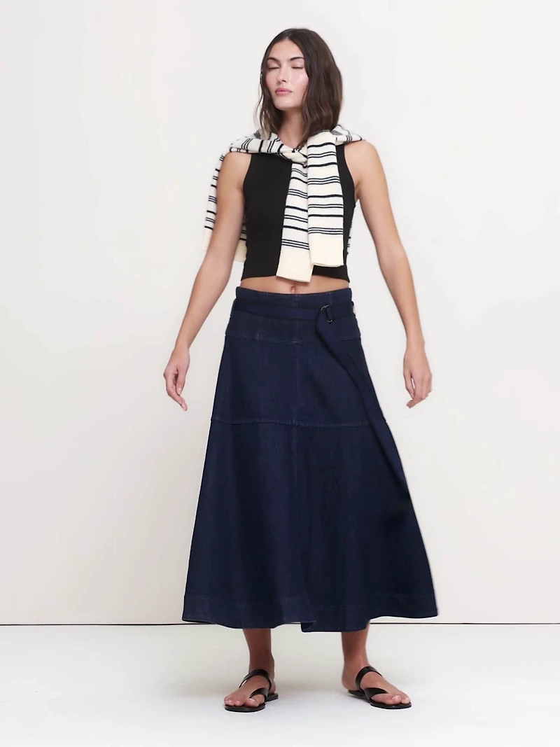 Denim Belted Maxi Skirt