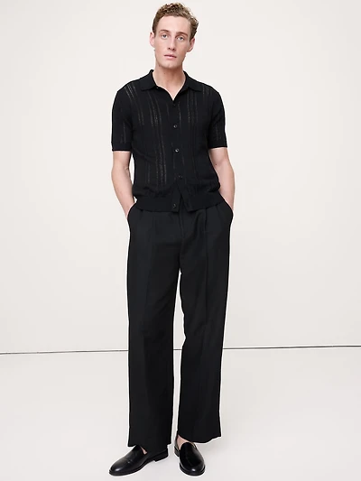 Pointelle Linen-Cotton Polo Cardigan