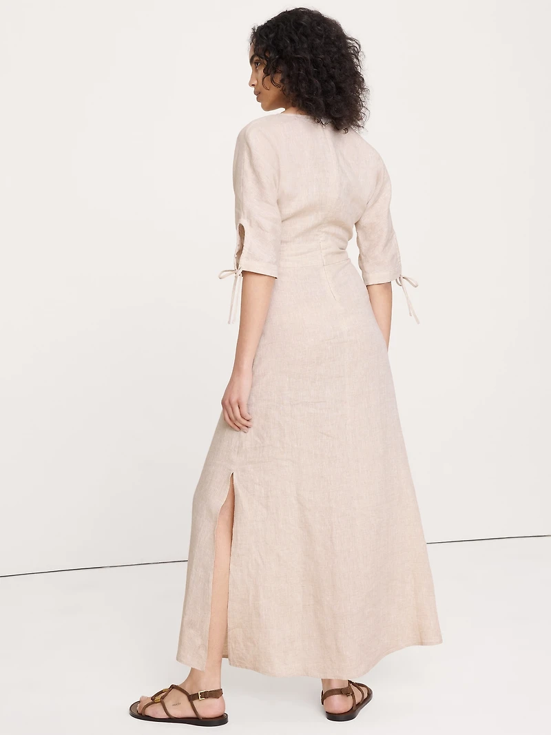 Linen Tie-Sleeve Midi Dress