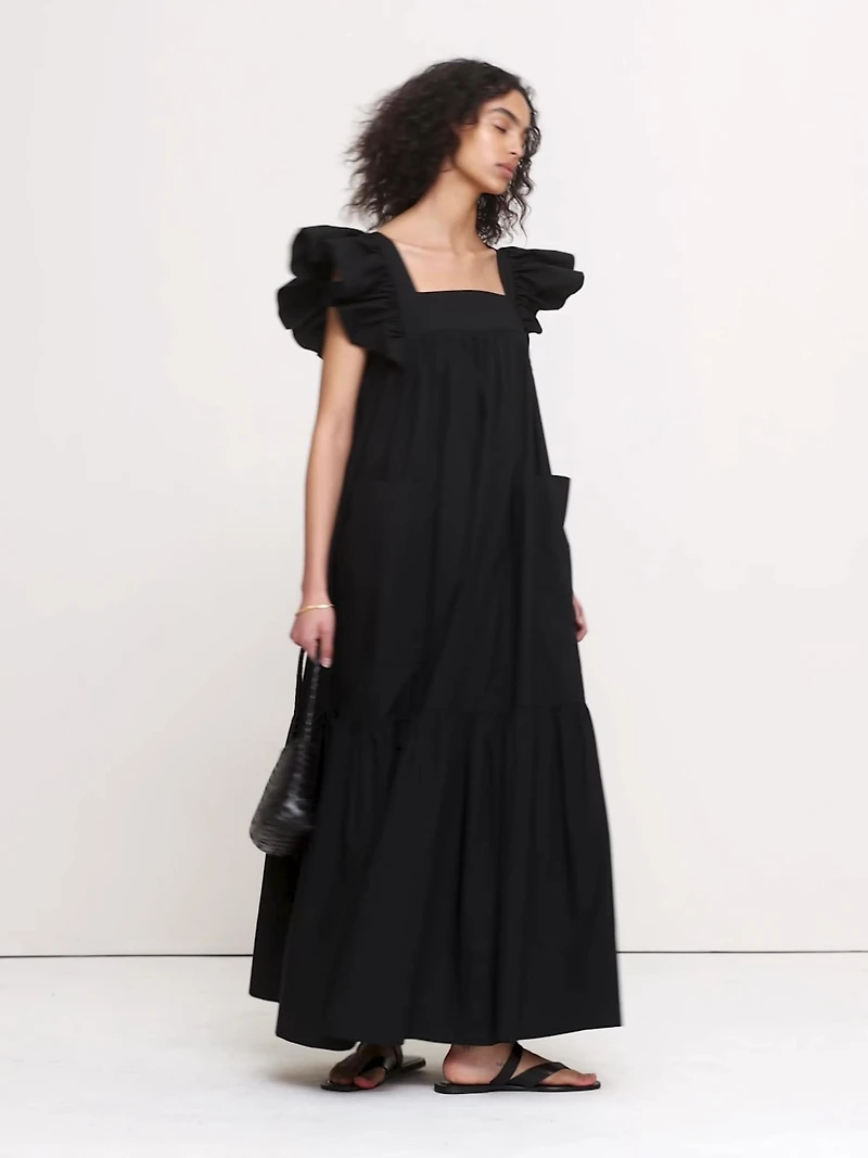 Cotton Poplin Flounce Maxi Dress