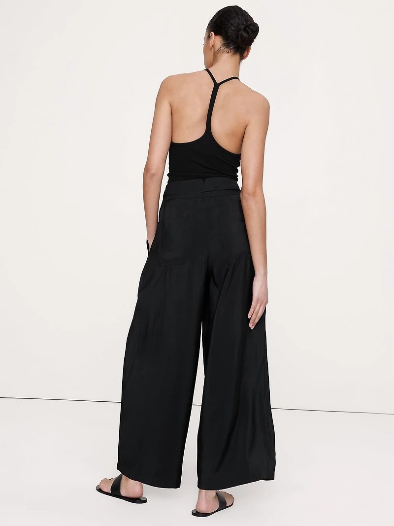 Pleated Wide-Leg Cropped Pant Luster Twill