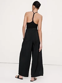 Pleated Wide-Leg Cropped Pant Luster Twill