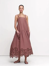 Embroidered Linen Drop-Waist Maxi Dress