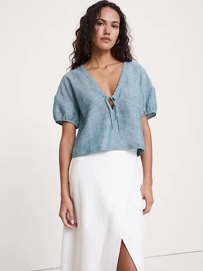 Linen Tie-Front V-Neck Top