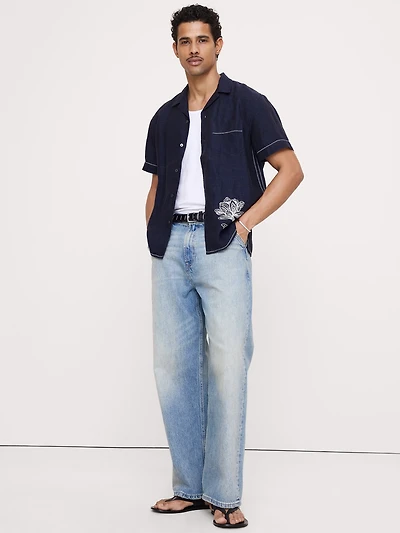 Standard-Fit Embroidered Linen Resort Shirt