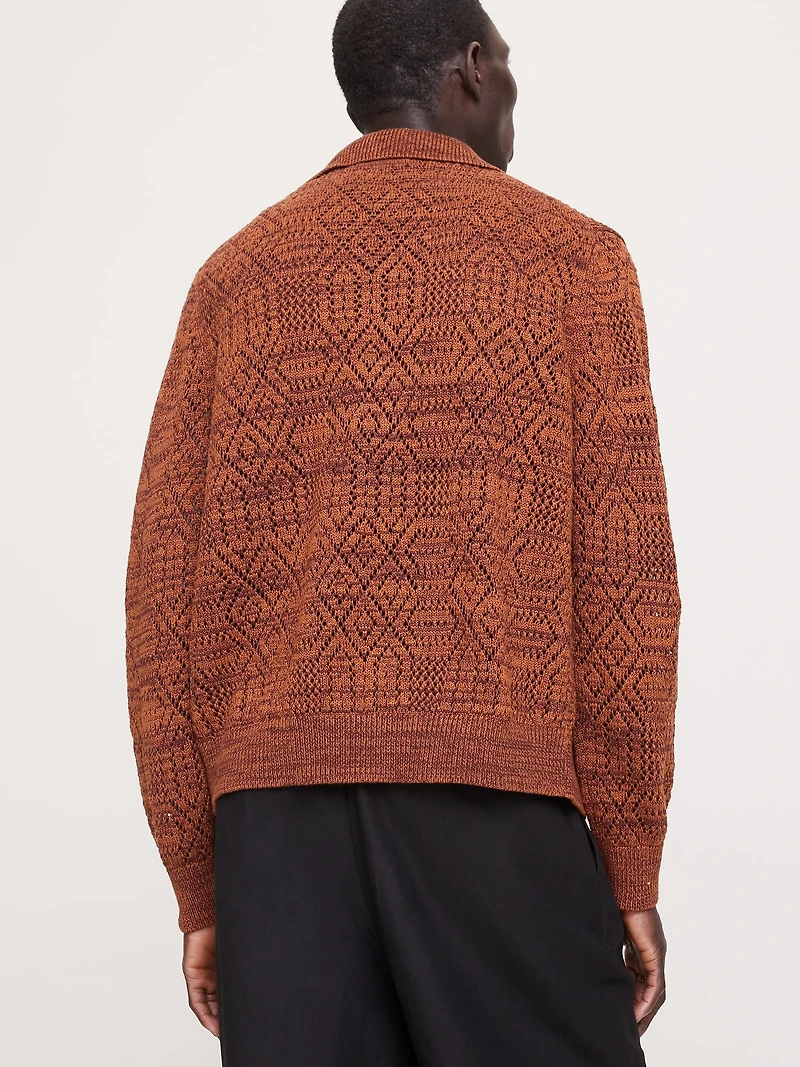 Linen-Cotton Textured Polo Cardigan