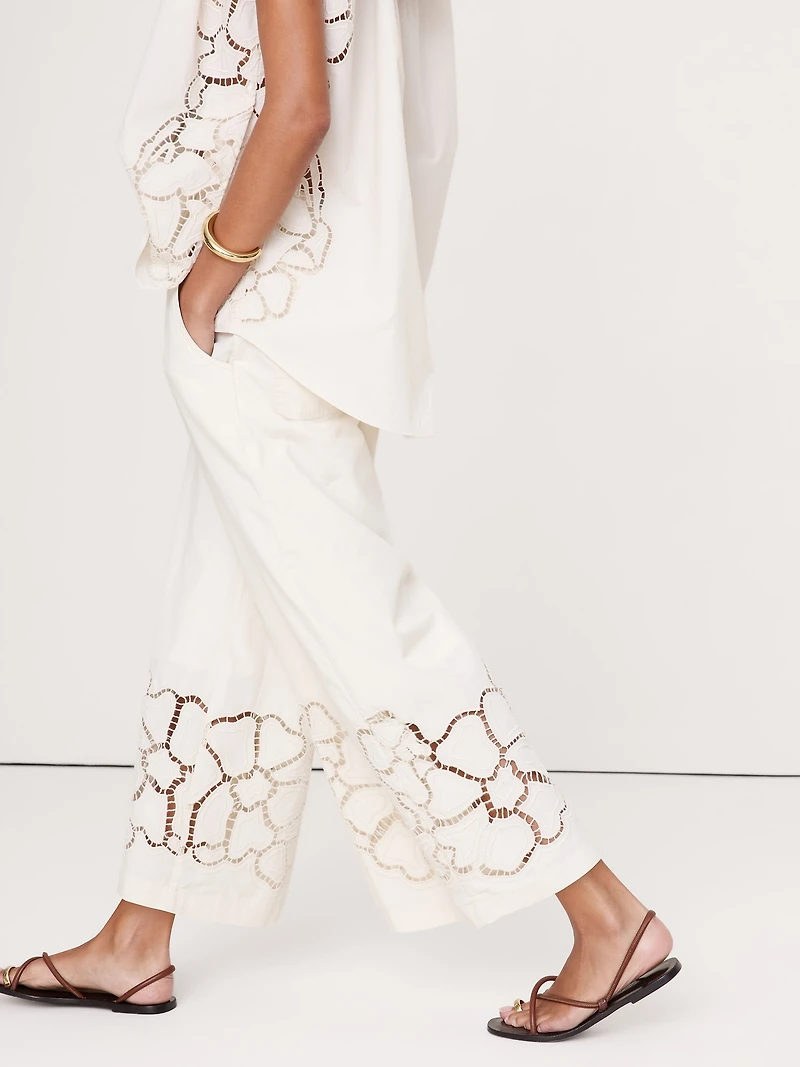 The Pull-On Wide-Leg Ankle Pant Embroidered Poplin