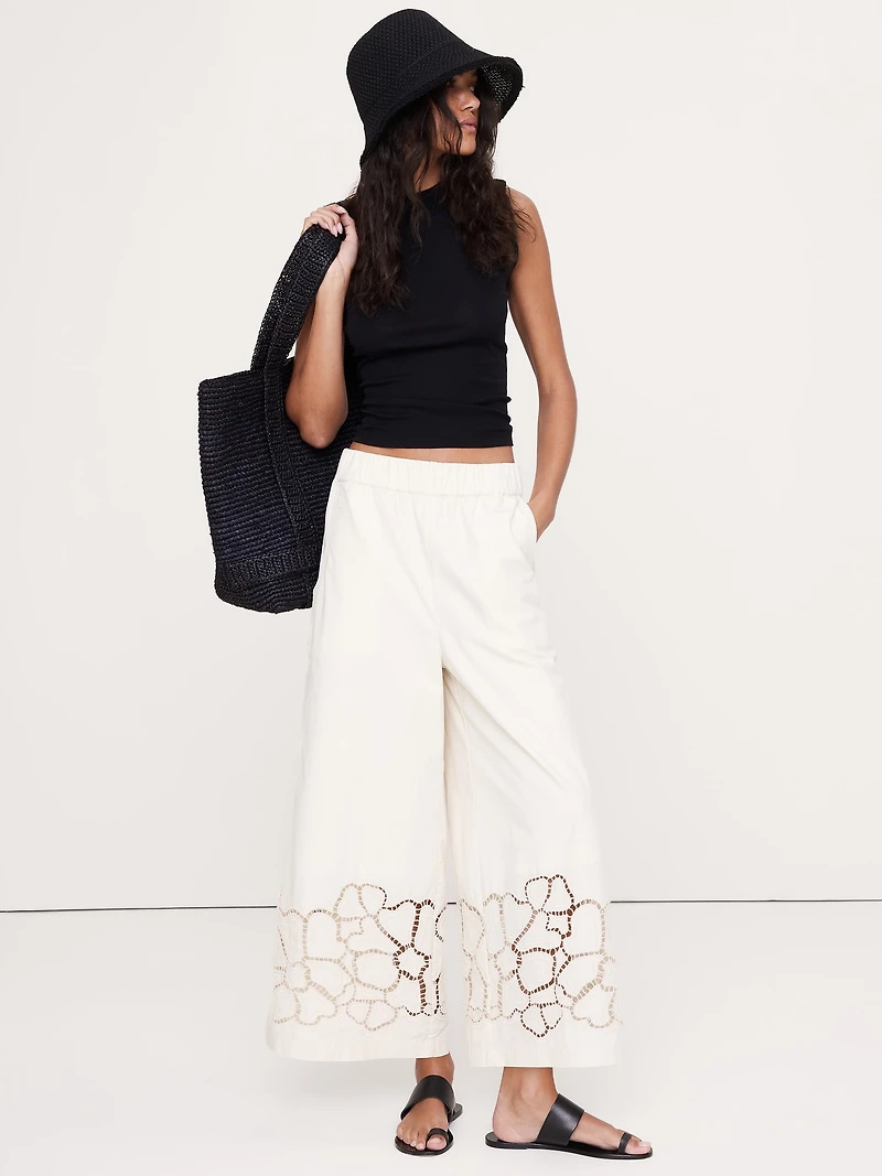 The Pull-On Wide-Leg Ankle Pant Embroidered Poplin