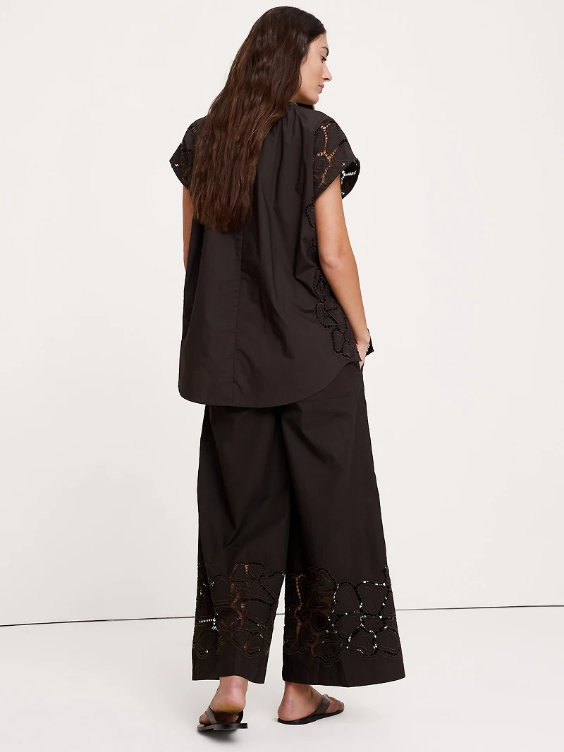 The Pull-On Wide-Leg Ankle Pant Embroidered Poplin