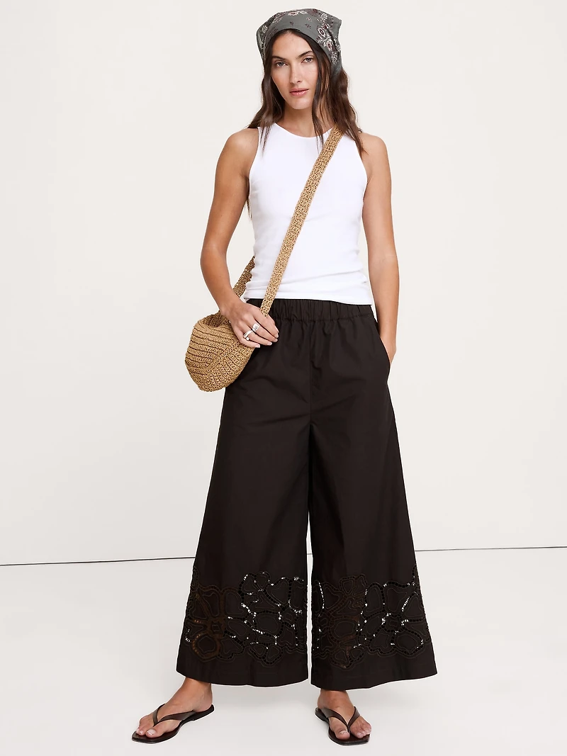 The Pull-On Wide-Leg Ankle Pant Embroidered Poplin