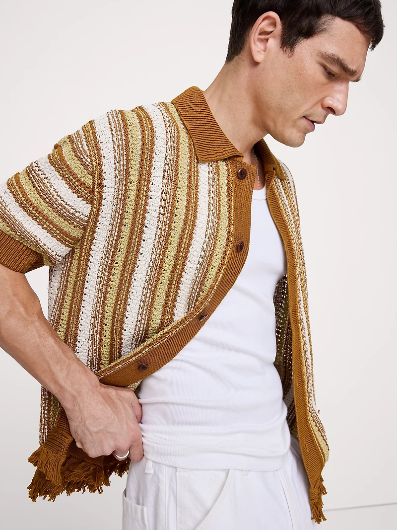 Fringe Cotton Polo Cardigan