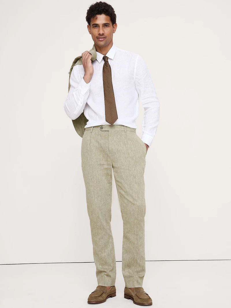 Tailored Slim-Fit Green Linen-Cotton Suit Pant
