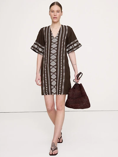 Embroidered Linen Mini Dress
