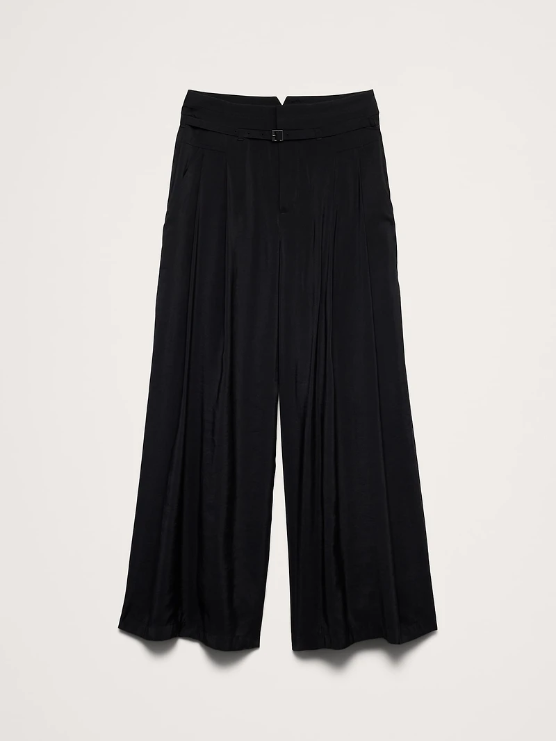Pleated Wide-Leg Cropped Pant Luster Twill